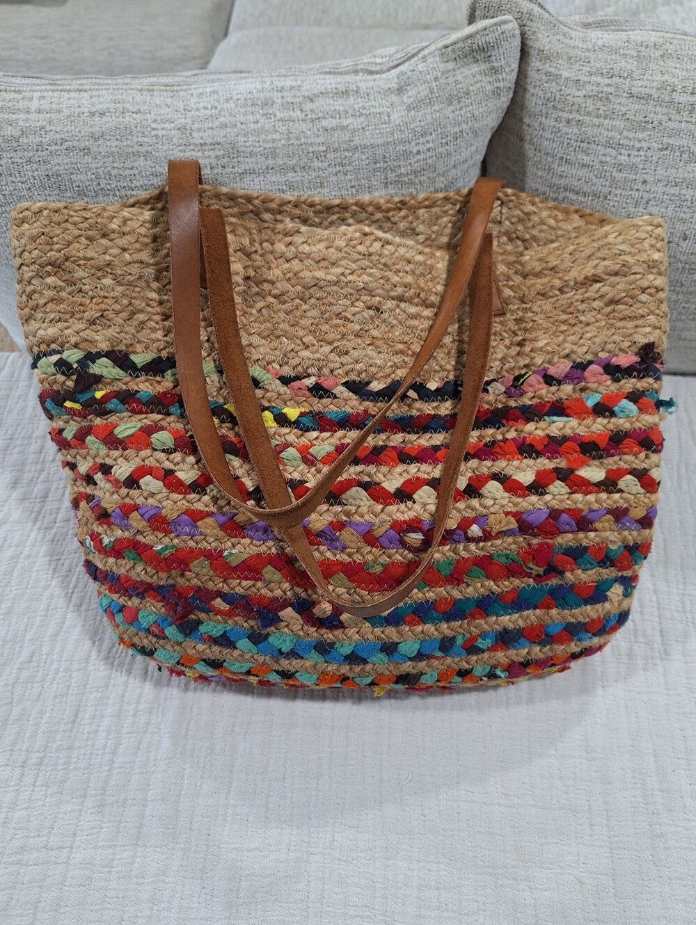 Multicolor Braided Straw Tote with Tan Leather Straps